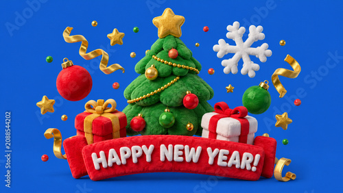 Plush Christmas tree with gifts and a Happy New Year banner on a blue background.