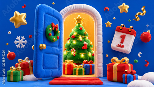Plush blue holiday doorway with a Christmas tree, gifts and January calendar.