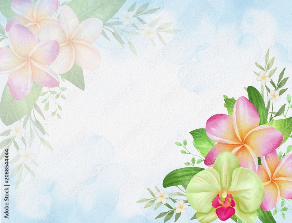 Fototapeta premium Watercolor Floral Arrangement with Orchid and Plumeria 