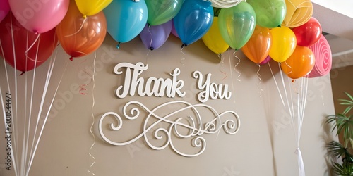 Thank you sign decorated with colorful balloons celebration decorations gratitude appreciation colorful greeting typography festivity gathering occasion decoration thankful