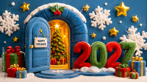 Plush holiday doorway with a Christmas tree, gifts and 2027 numbers.