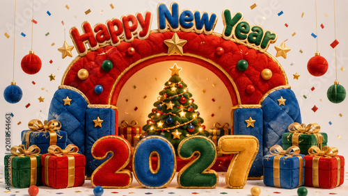 Colorful plush New Year arch with a Christmas tree, gifts and 2027 numbers.