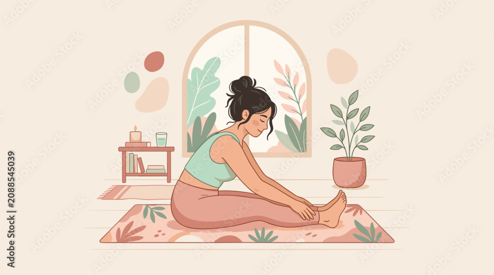 Obraz premium Mulher praticando alongamento de pernas em casa com plantas e luz natural
