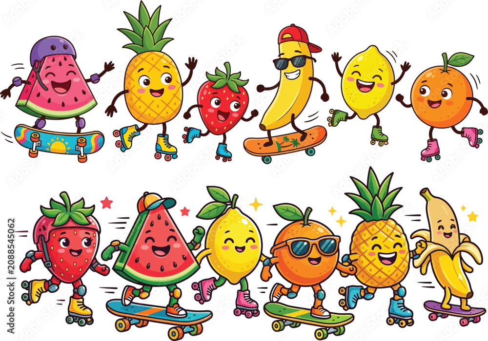 Fototapeta premium Cute Cartoon Fruits Skating and Rollerblading in a Fun Playful Style