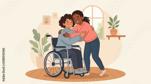 Two friends embracing one in a wheelchair showing support and care