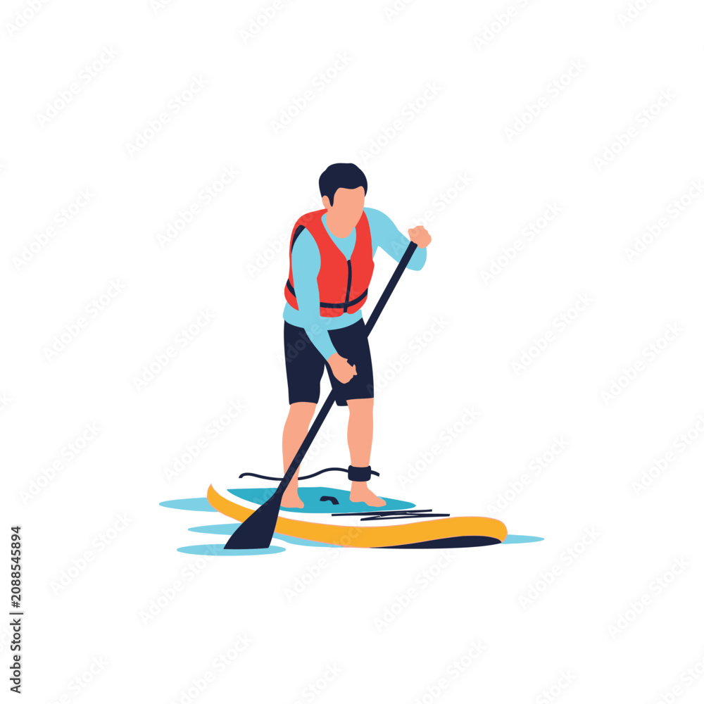 Fototapeta premium Vector illustration of an athlete stand-up paddleboarding on calm water, featuring a side-view silhouette and paddle, ideal for outdoor recreation and summer fitness themes.