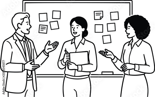 Business team discussing and brainstorming ideas with sticky notes on whiteboard in office line art vector illustration.