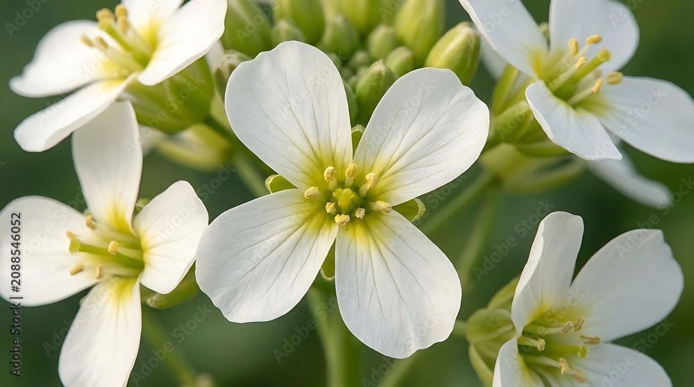 Fototapeta premium A close-up view of camelina sativa blossoms showcasing delicate white four-petaled flowers with yellow centers blooming in a sunny field in springtime