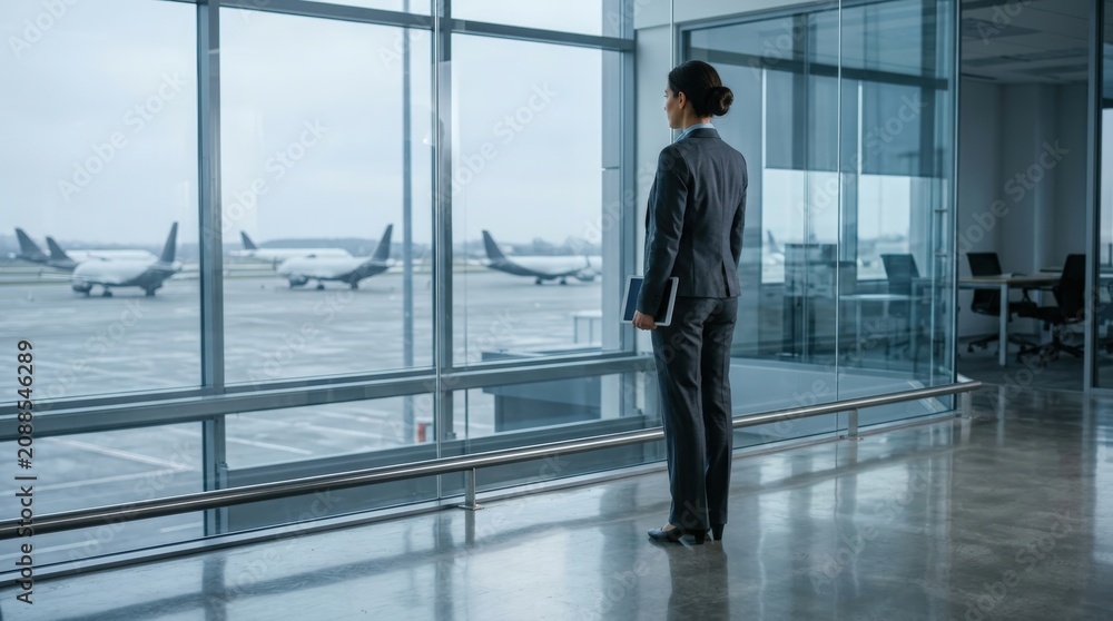 Fototapeta premium Businesswoman Analyzing Airline Operations at Airport Terminal Window