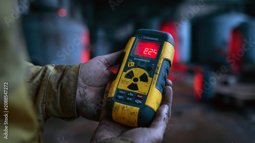 Close up of a radiation detector held by a nuclear safety inspector, representing industrial inspection, monitoring and workplace protection