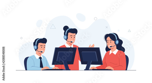 Diverse Call Center Team Working Together with Headsets and Computers