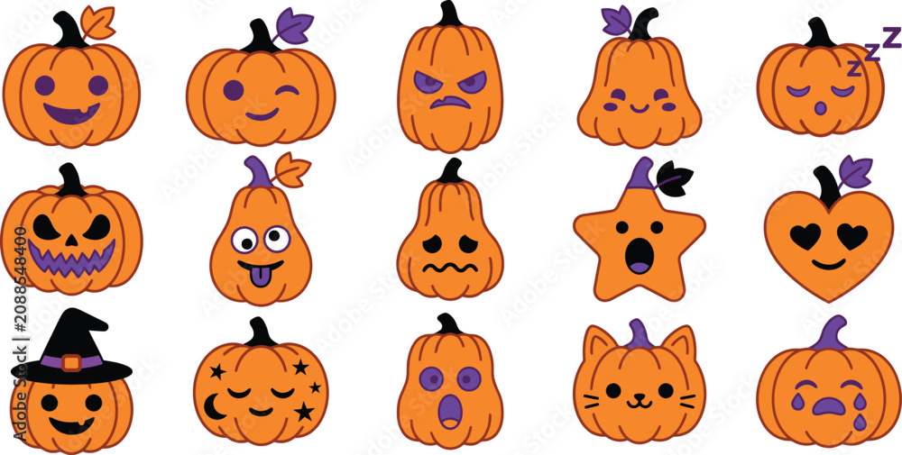 Fototapeta premium Halloween pumpkin emojis and stickers for kids and adults