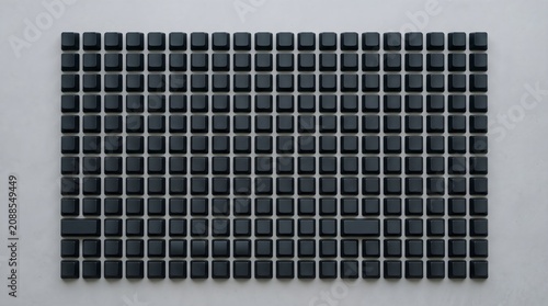 Sleek dark anthracite mechanical keyboard keycaps arranged in a perfect grid on a light grey background