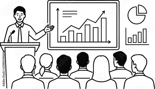 Businessman giving a presentation on stage showing financial growth charts to an audience line art vector illustration.