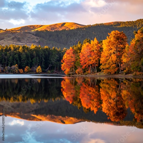 Vibrant Autumn Trees Reflecting on Calm Lake Beneath Sunlit Hills