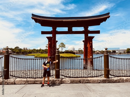 boy having fun in a team park in Orlando Florida sites lake 