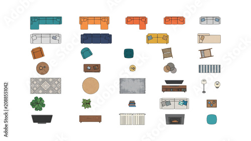 Top View Colored Modern Living Room Furniture Floor Plan Vector Icons Sheet
