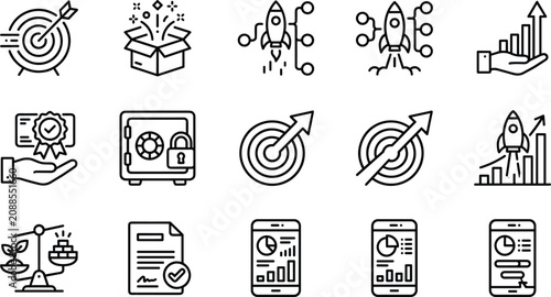 Business growth startup launch strategic goal targeting financial analytics and premium security line icons set