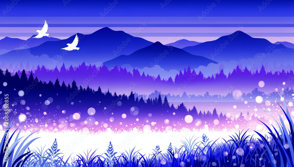 Obraz premium Flying Birds Over Purple Night Mountain Forest