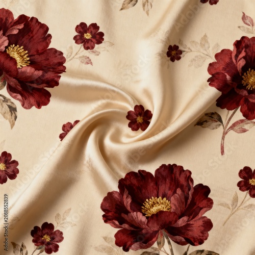 Luxurious cream-colored silk fabric featuring a sophisticated dark red floral pattern with delicate golden centers and elegant draping effects.