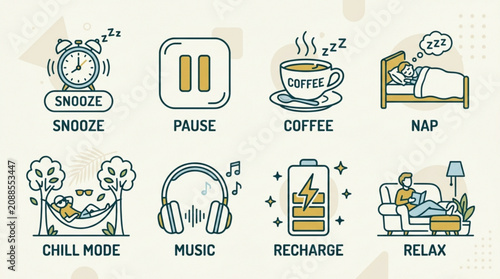 Flat line art icons illustrating productivity break concepts including sleep coffee music and relaxation for digital design