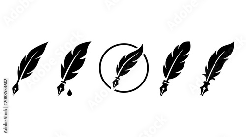 Quill pen icons illustration featuring stylized feather designs and ink details representing writing, creativity, literature, and artistic expression