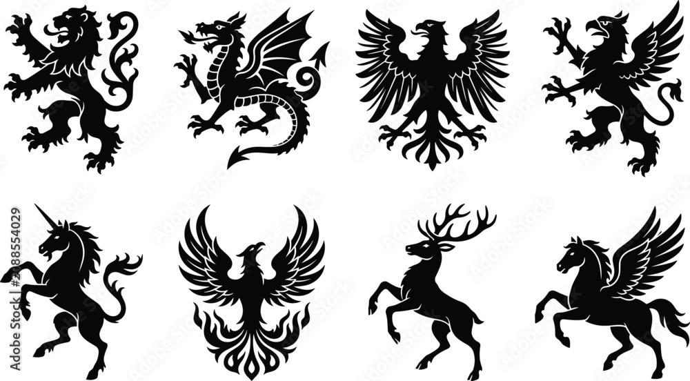 Fototapeta premium Heraldic Mythical Creature Silhouette Collection with Phoenix Dragon and Griffin Emblems