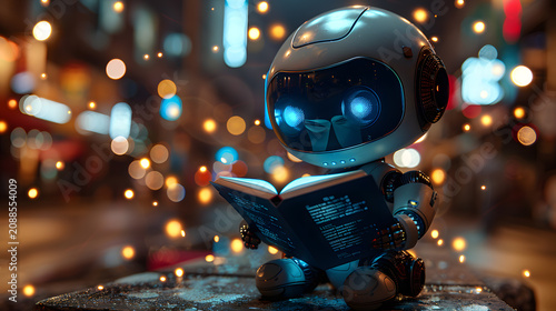 Conceptual Cartoon Artwork of Small AI Robot with Magical Glowing Book and Floating Light Particles, Children’s Fantasy Theme
