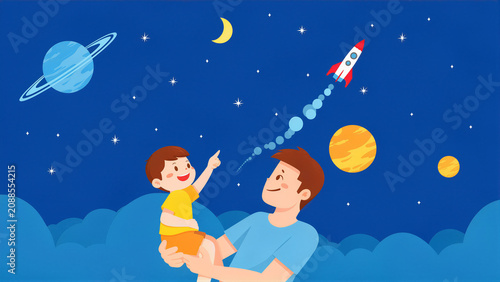 Father And Son Watching Space Rocket