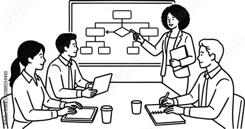 Businesswoman explaining an organization chart flowchart to her team during an office presentation line art vector illustration.