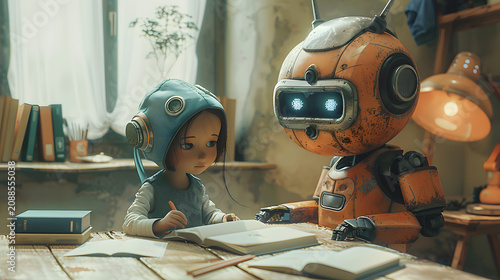 Conceptual Cartoon Artwork of Robot Tutor Supporting Student Learning at Home, Warm Friendly Study Scene
