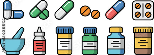 Cuadro en lienzo Medicine, icons, pharmacy containers, pills, capsules, tablets, blister packs, p