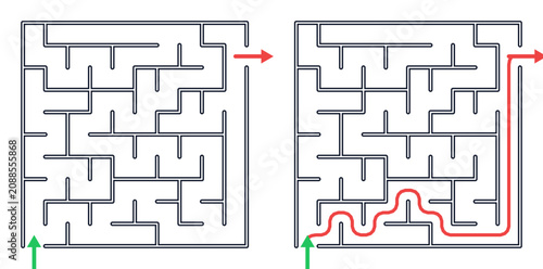 Square maze puzzle for kids and adults, medium difficulty printable logic game, find the way from start to exit, black and white line art, activity worksheet page with solution