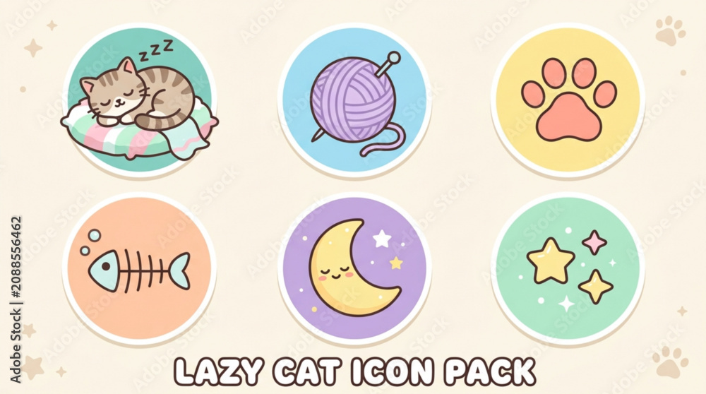 Fototapeta premium Cute cartoon sleeping cat icon set with yarn paw fish bone and moon symbols on pastel background with presents kawaii style paw print icon pack