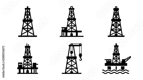 Oil drilling rig icons illustration featuring land and offshore platforms representing energy extraction, industry, and petroleum engineering concepts