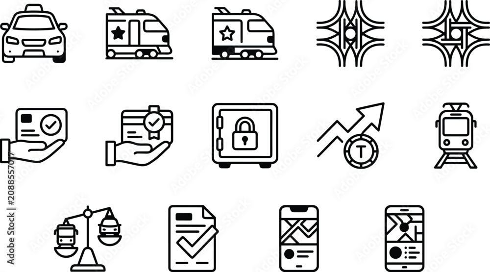 Fototapeta premium Public transport regulation secure transit payment ticket verification route navigation and transport economics line icons set