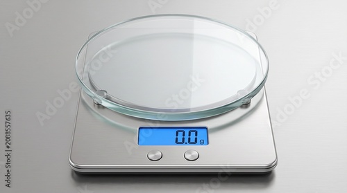 Digital kitchen scale, glass plate, silver body, blue display screen, cooking weight measurement tool