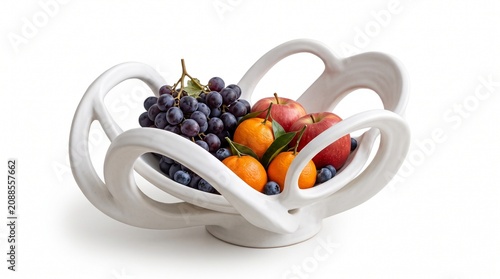 Modern white ceramic fruit bowl, fresh colorful fruit, grapes, oranges, apples, kitchen decor
