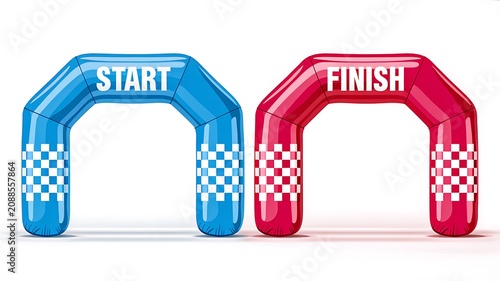 Inflatable racing start finish gates, blue and red arches with checkered flags, marathon or road race entrance and exit