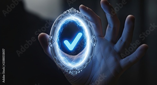 Glowing blue checkmark in an ornate circle held in a hand
