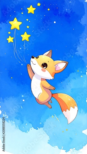 Cute Cartoon Fox Reaching for Glowing Stars in Blue Watercolor Sky