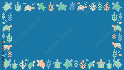 Cute sea turtle border frame background. Marine life vector illustration with turtles, seaweed, and coral on blue backdrop with copy space.