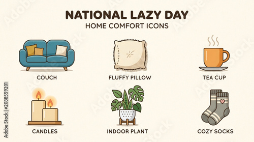 Schilderij op canvas National lazy day home comfort icon set featuring couch pillow tea candles plant