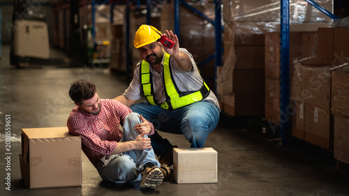 Warehouse worker suffering an accident from falling from a height while working in a factory facility with colleagues providing emergency first aid
