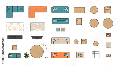 Top View Colored Modern Living Room Furniture Floor Plan Vector Icons Sheet Transparent BG