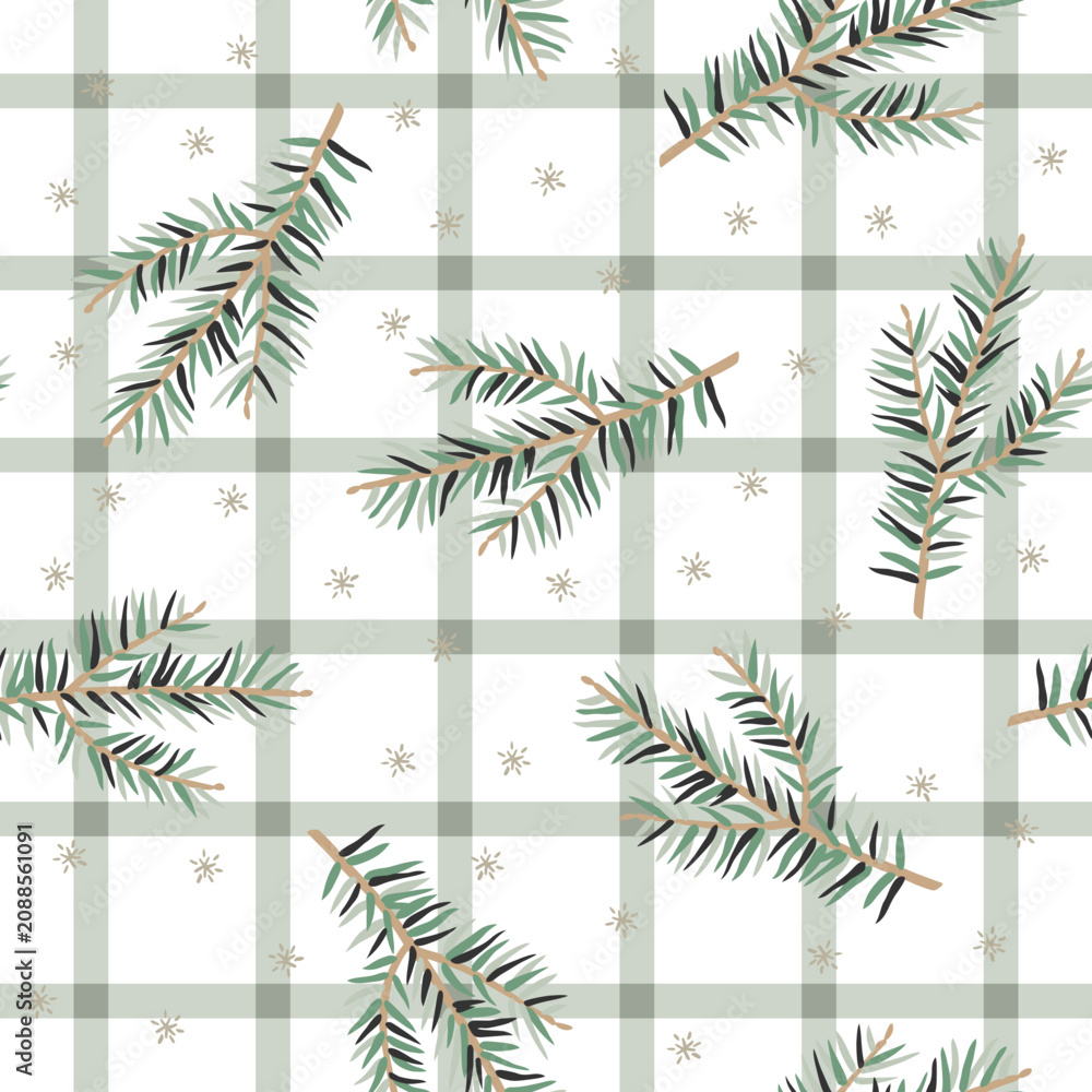 Fototapeta premium Christmas seamless pattern, green fir twigs, snowflakes, gingham background. Vector illustration. Nature design. Season greeting. Winter holidays
