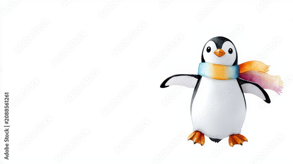 Fototapeta premium Cute penguin character wearing colorful scarf, standing with arms outstretched, ready for winter fun and adventure