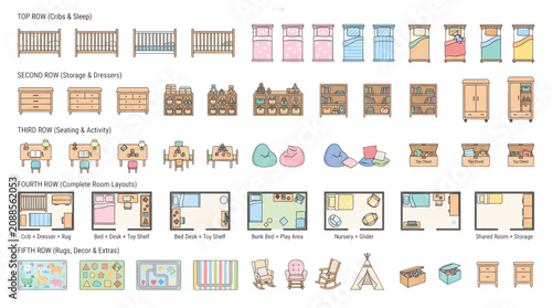 Top View Colored Modern Living Room Furniture Floor Plan Vector Icons Sheet