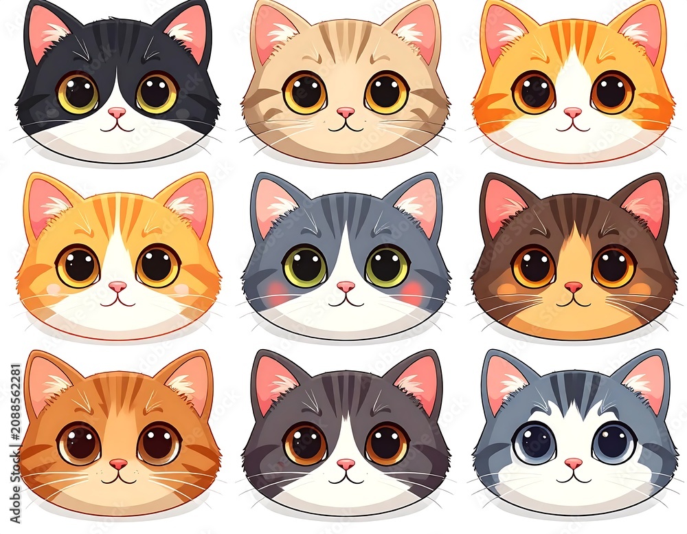 Fototapeta premium Cute Cartoon Cat Faces Arranged in Colorful Grid on White Background