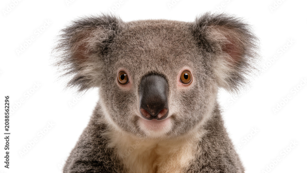 Fototapeta premium Fluffy grey koala face with large ears and dark nose, isolated on transparent background